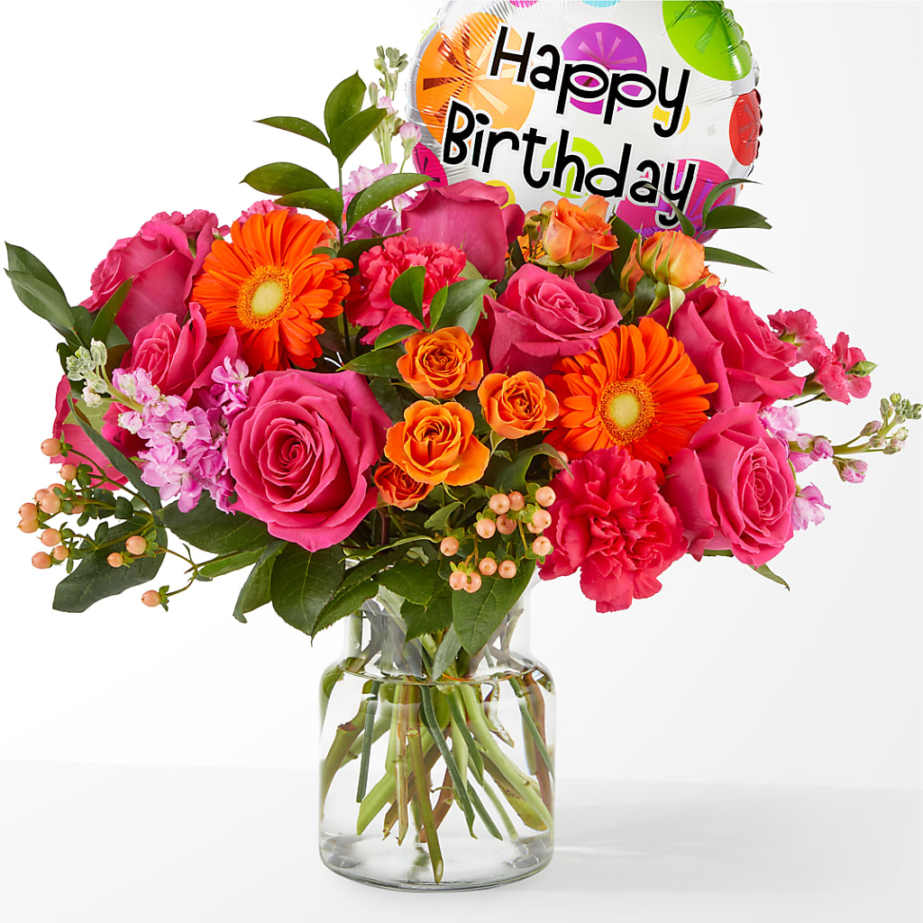 Fiesta Bouquet with Birthday Balloon – Flowers By Sue, Bullard TX