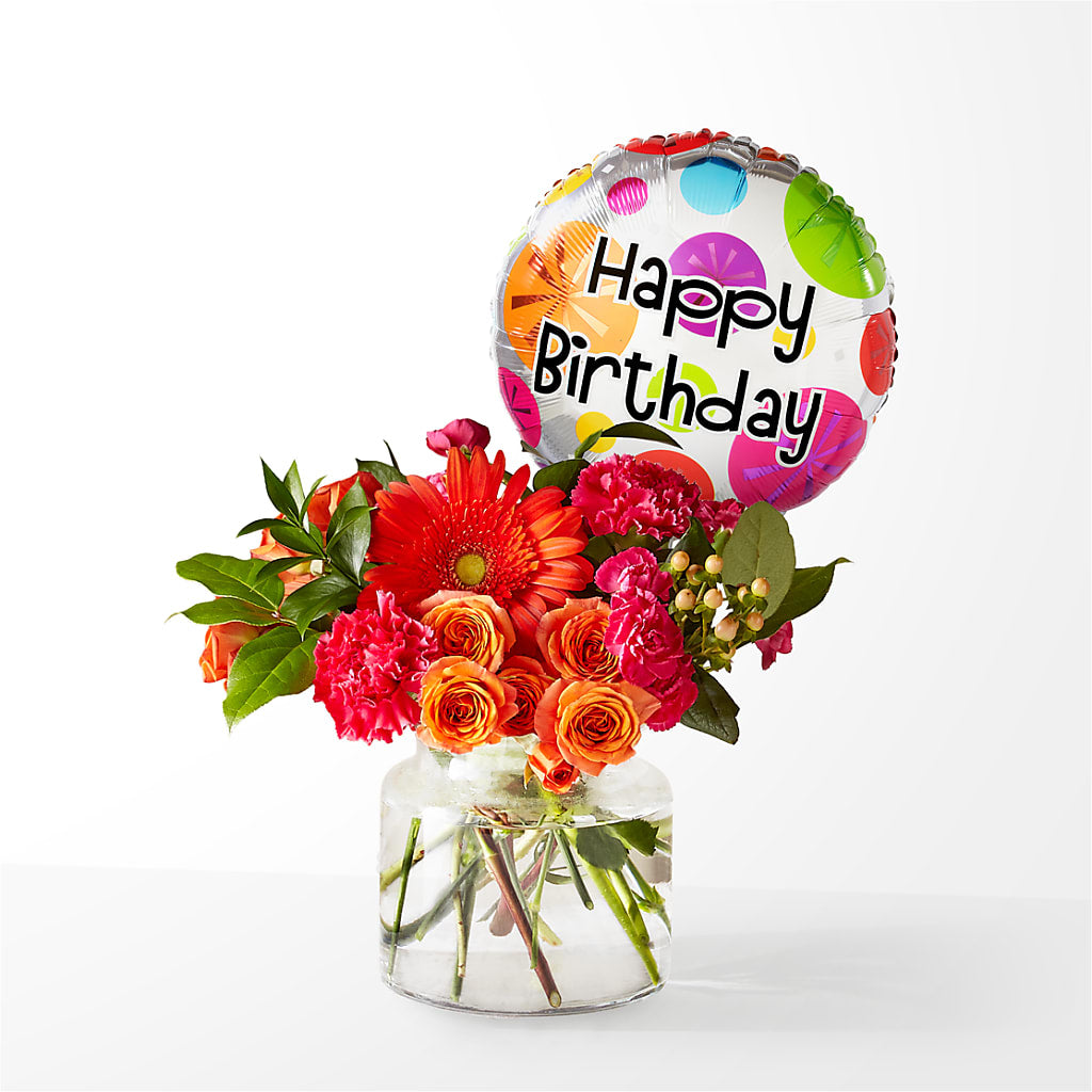 Fiesta Bouquet with Birthday Balloon – Flowers By Sue, Bullard TX
