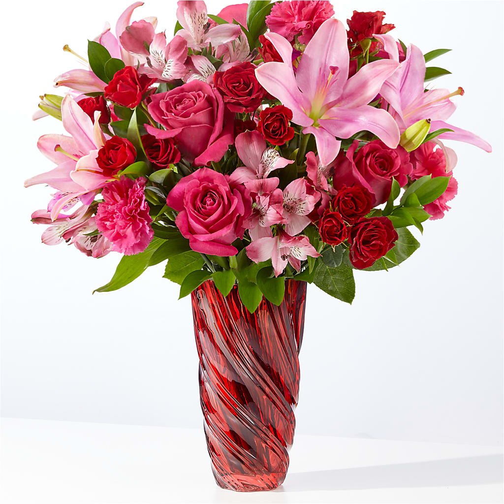 In Love Bouquet with Luxe Swirl Vase – Flowers By Sue, Bullard TX