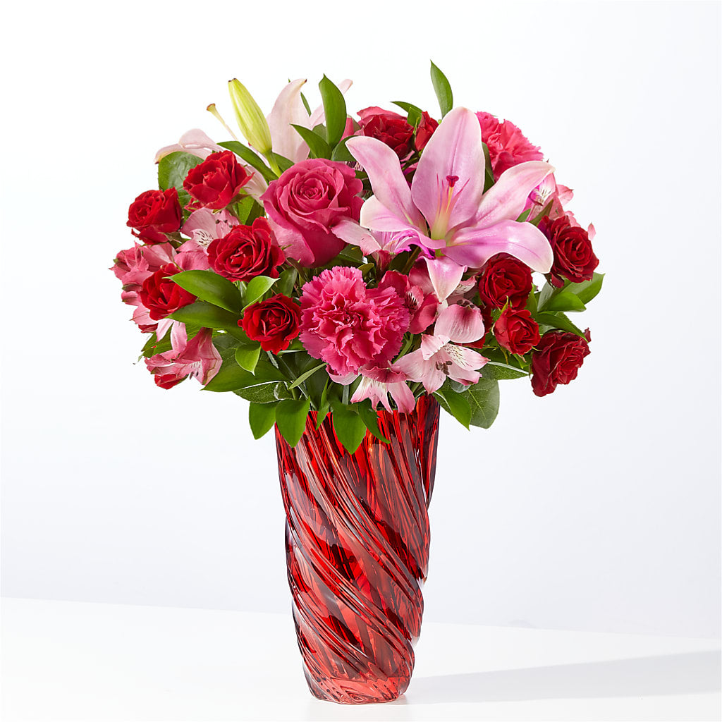 In Love Bouquet with Luxe Swirl Vase – Flowers By Sue, Bullard TX