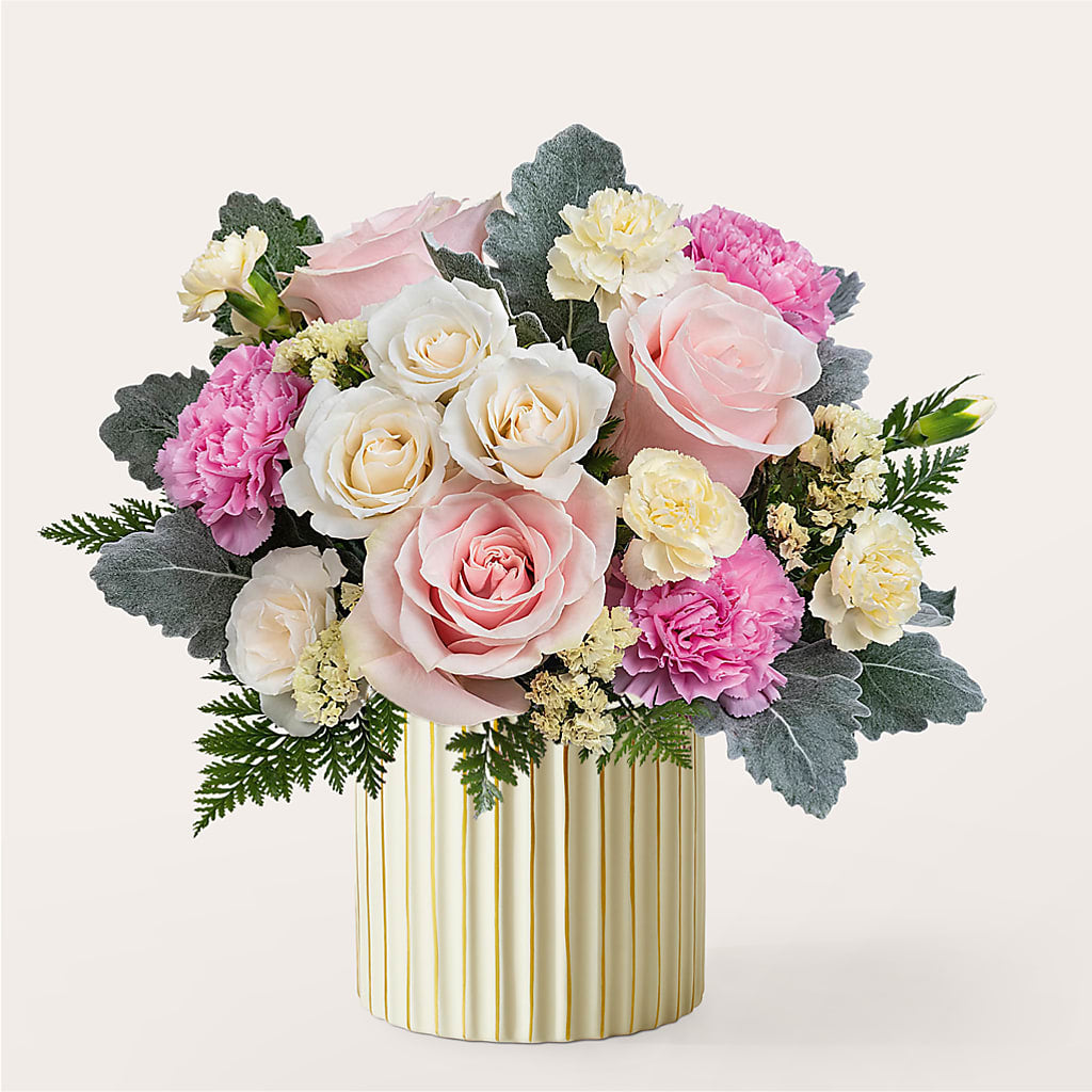 Blissful Moments Bouquet with Ivory Vase – Flowers By Sue, Bullard TX