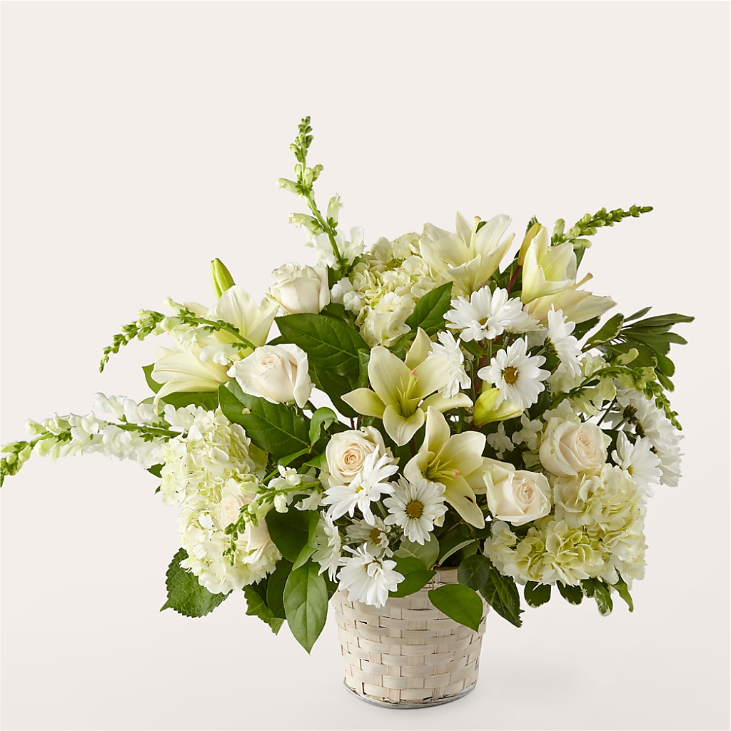 Ivory Elegance Floral Basket – Flowers By Sue, Bullard TX