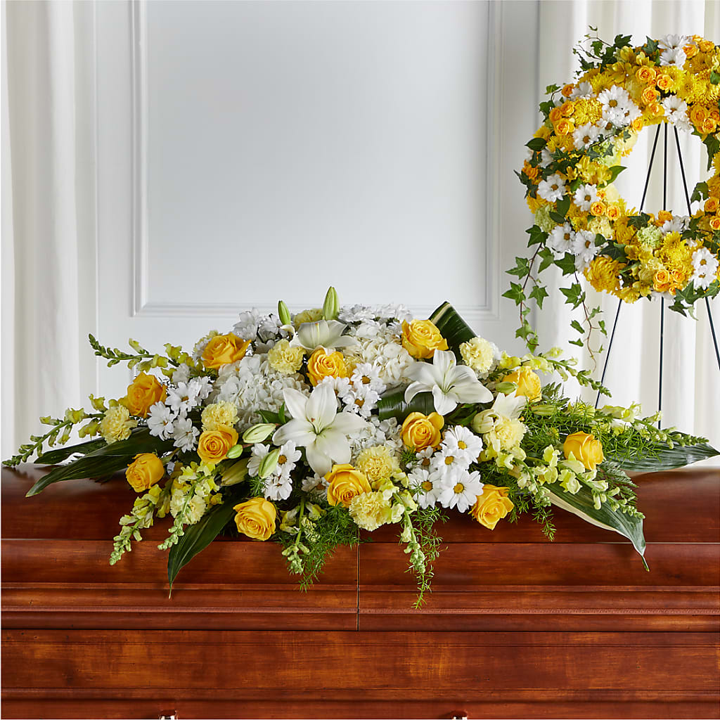 Golden Harmony Casket Spray – Flowers By Sue, Bullard TX