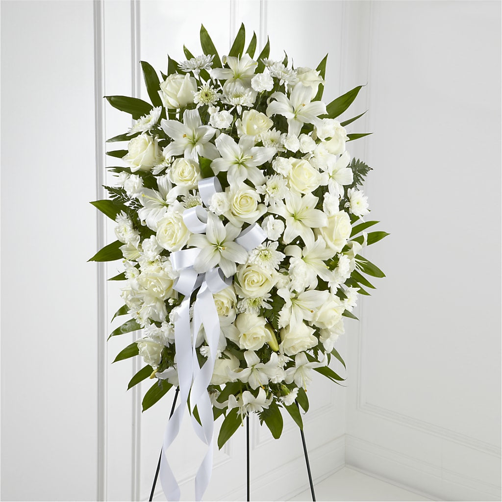 Exquisite Tribute Standing Spray-White Ribbon – Flowers By Sue, Bullard TX