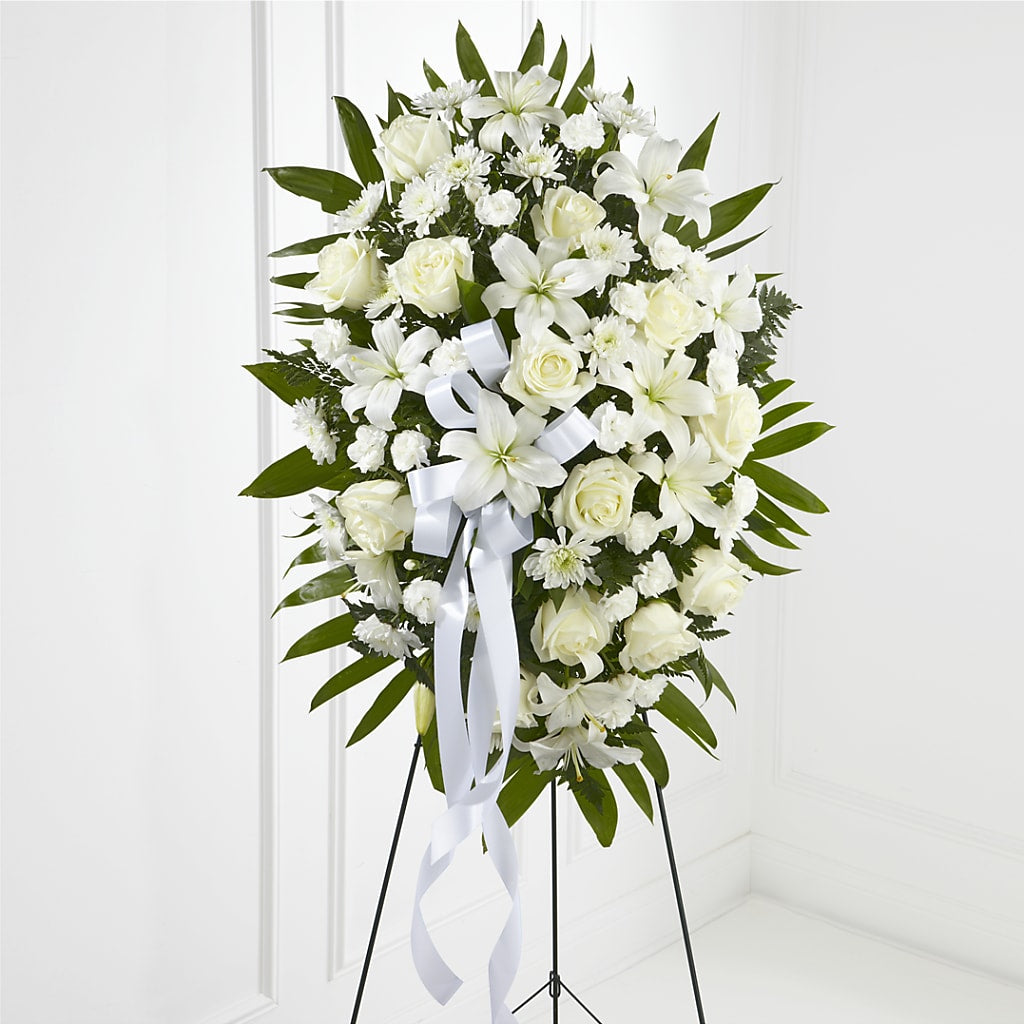 Exquisite Tribute Standing Spray-White Ribbon – Flowers By Sue, Bullard TX