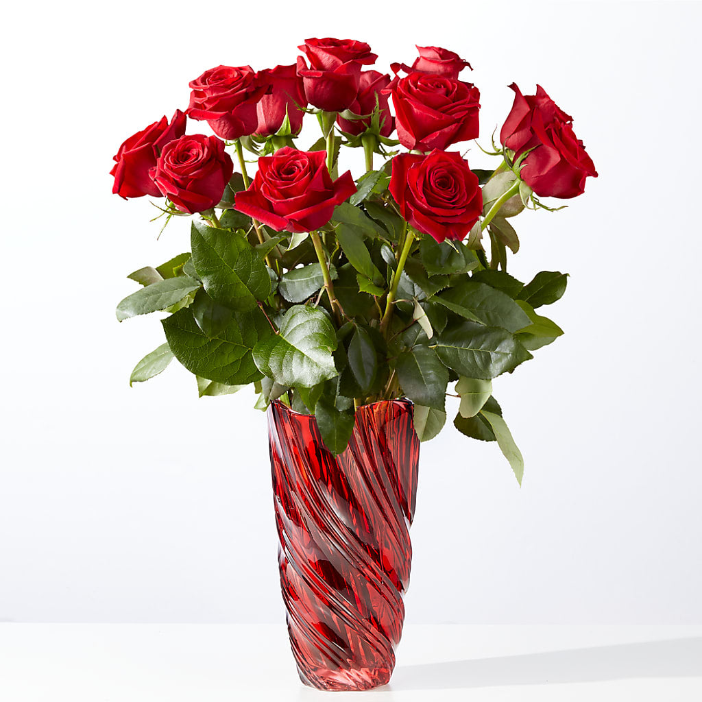 Classic Love Red Rose Bouquet with Luxe Swirl Vase – Flowers By Sue, Bullard TX