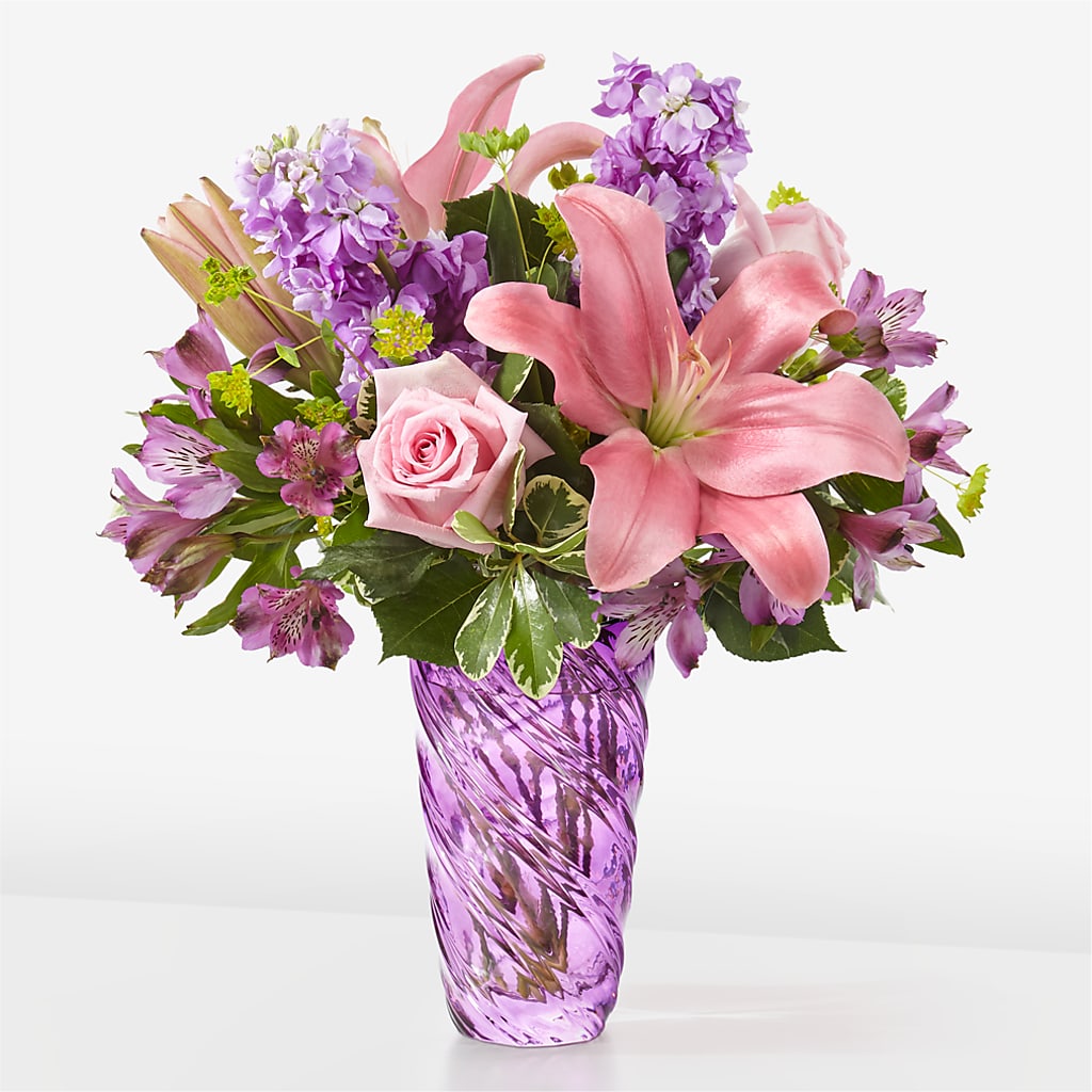 Precious Petals Bouquet with Luxe Swirl Vase – Flowers By Sue, Bullard TX
