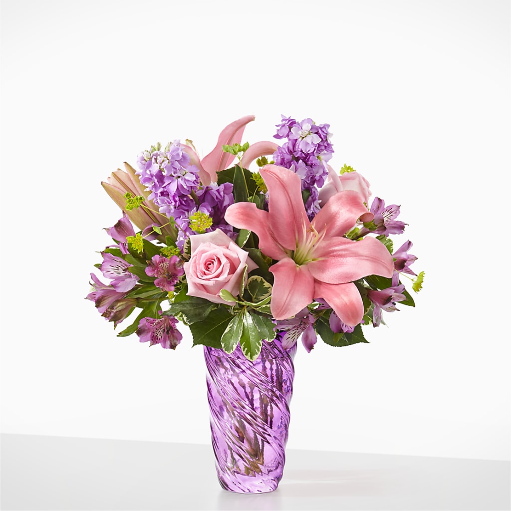 Precious Petals Bouquet with Luxe Swirl Vase – Flowers By Sue, Bullard TX