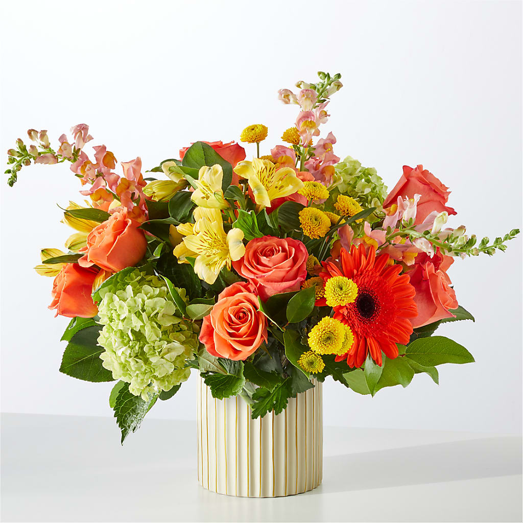 Autumn Sunshine Bouquet with Ivory Vase – Flowers By Sue, Bullard TX