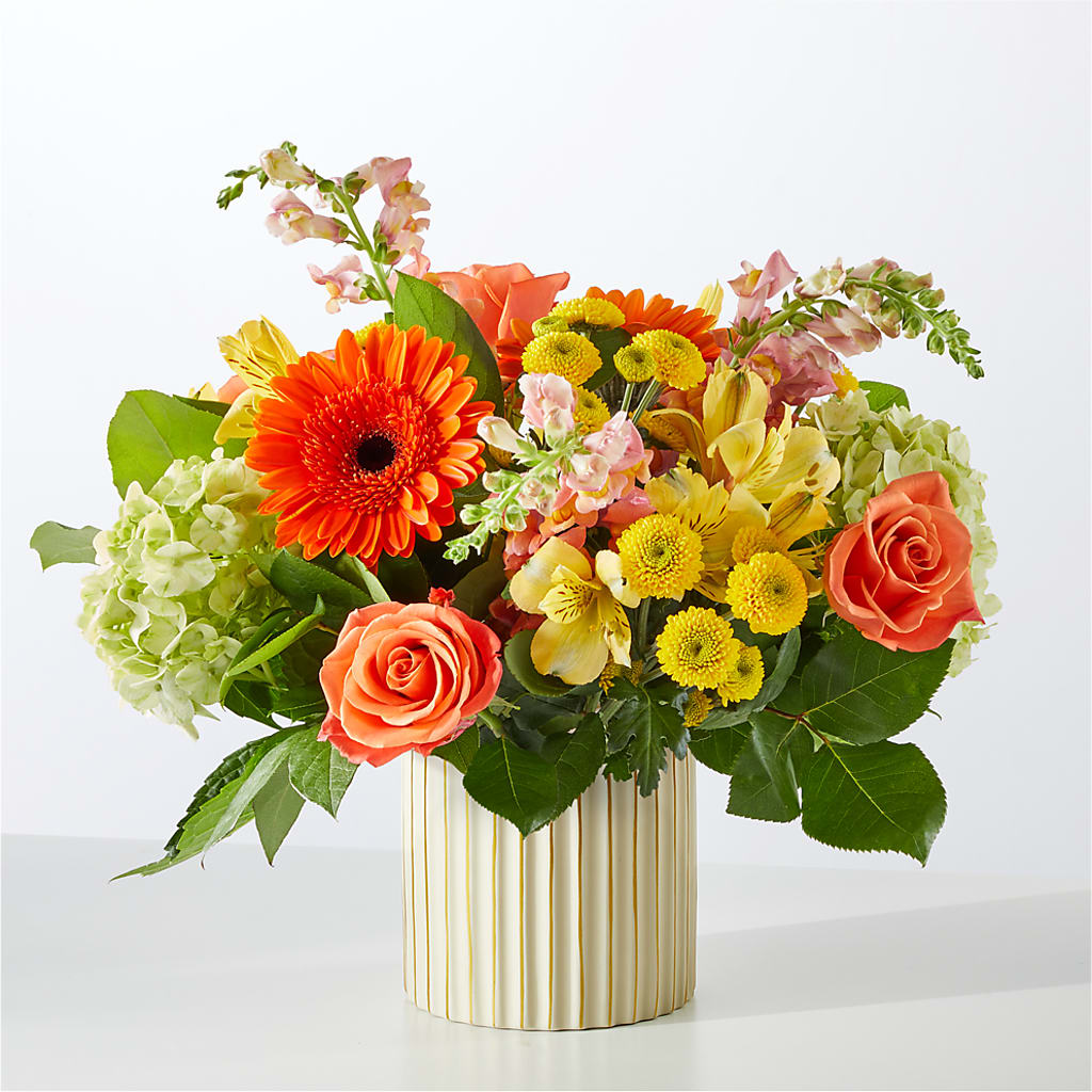 Autumn Sunshine Bouquet with Ivory Vase –  Flowers By Sue, Bullard TX